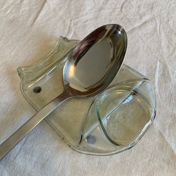 Spoon Utensil Rest Trinket Soap Dish Melted Glass Jar Recycled Art Repurposed - Picture 1 of 8